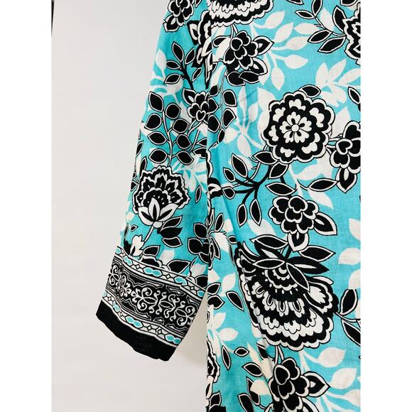 JM Collection Blouse Womens size 12 Blue100% Linen Floral V Neck 3/4 Sleeves - Picture 5 of 5